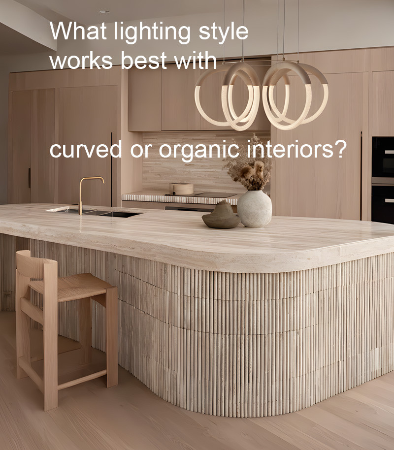 What lighting style works best with curved or organic interiors?
